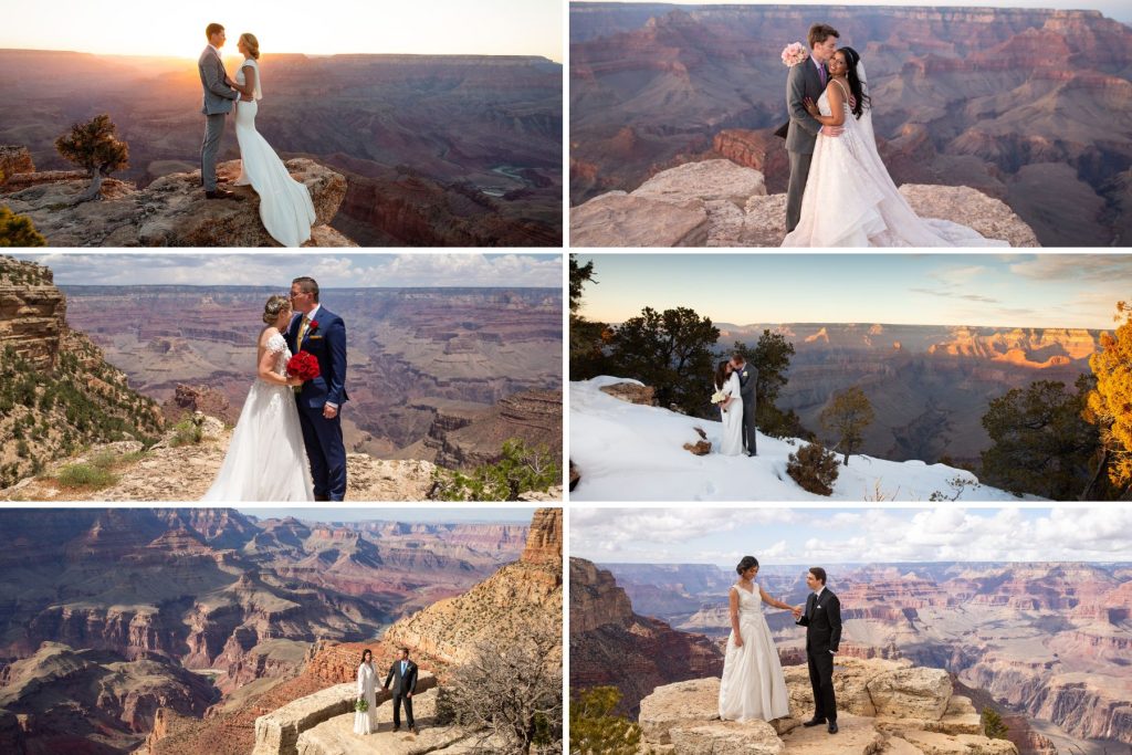 Collage of photos showing Lipan Point, Shoshone Point, Rim Worship Site, Pima Point, Moran Point, and Grandeur Point, all approved wedding sites for a special use permit at Grand Canyon National Park. 